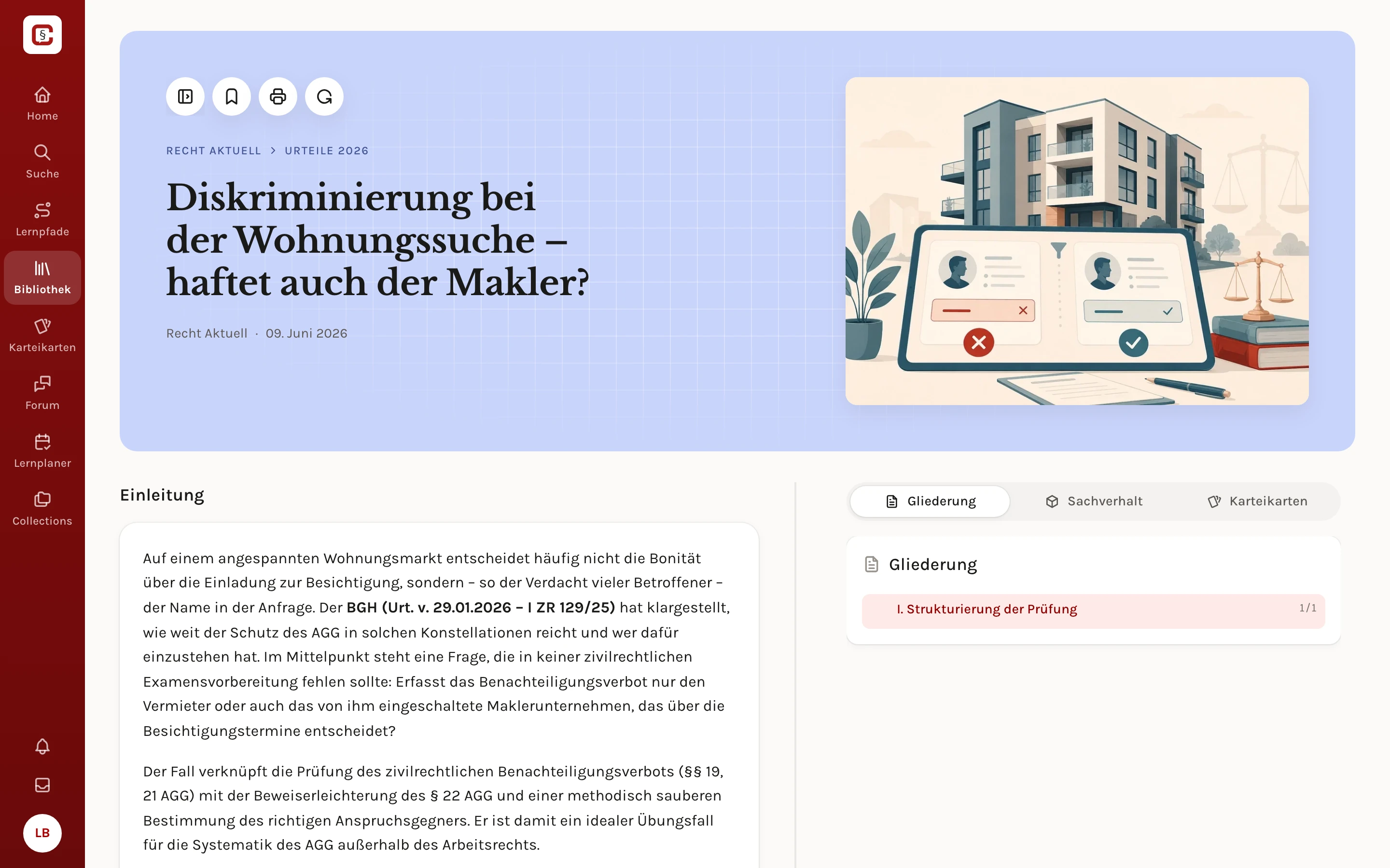 Das Urteil „Diskriminierung bei der Wohnungssuche“ als Fall in der App, mit Einleitung und Gliederung