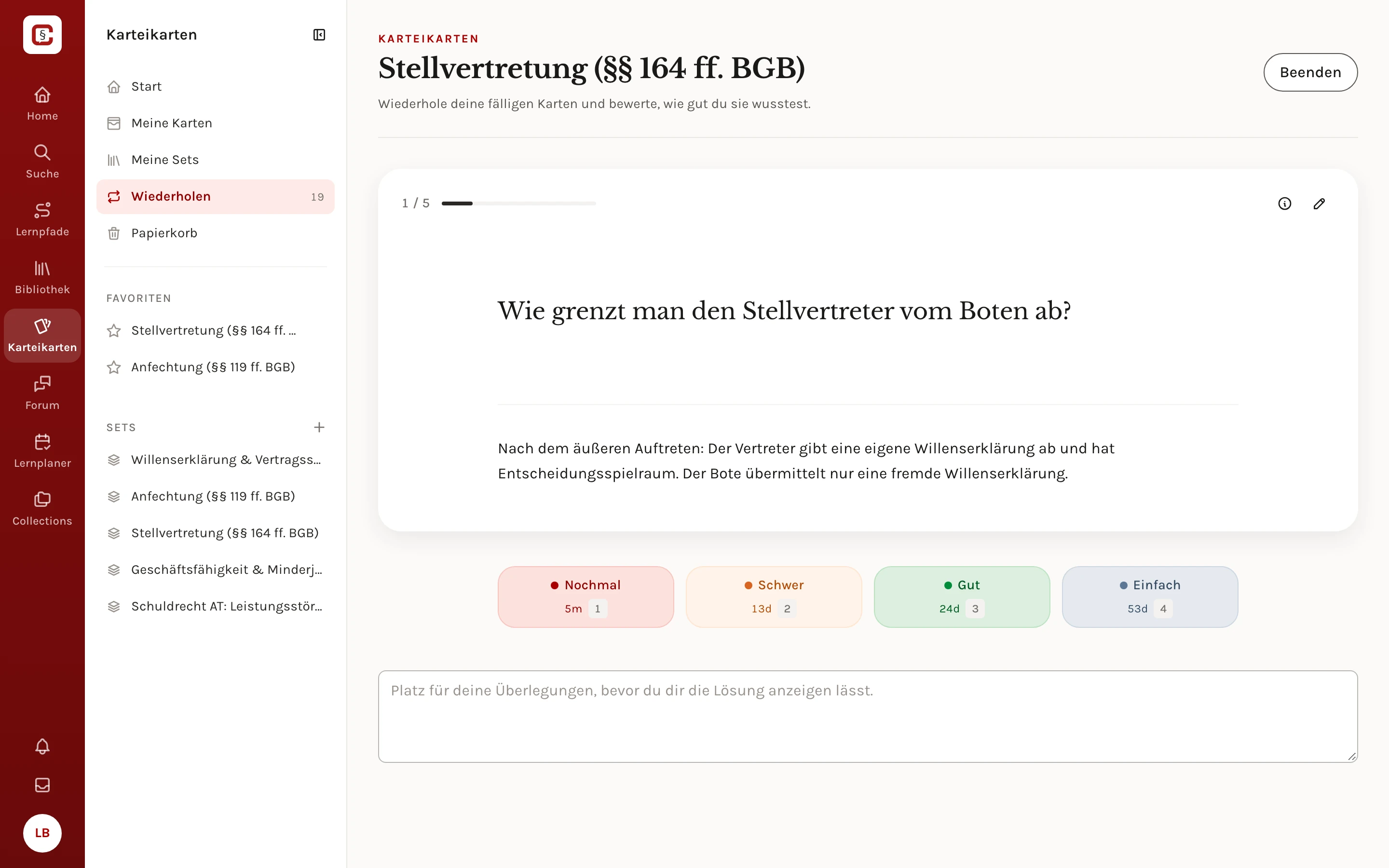 Eine Karteikarte zur Stellvertretung, Antwortseite mit den Bewertungen Nochmal, Schwer, Gut und Einfach