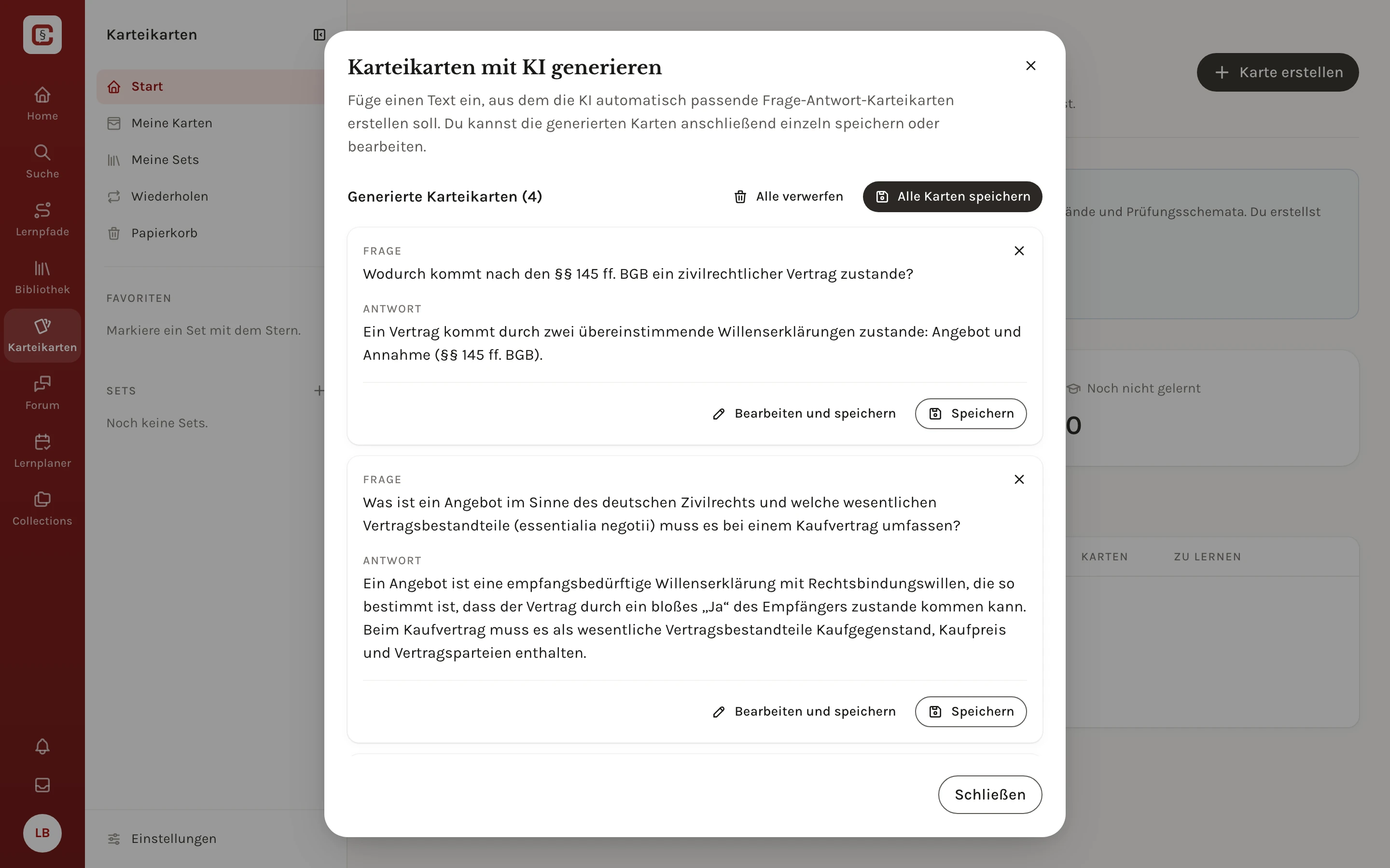 Der Dialog Karteikarten mit KI generieren mit vier erzeugten Frage-Antwort-Karten zum Vertragsschluss