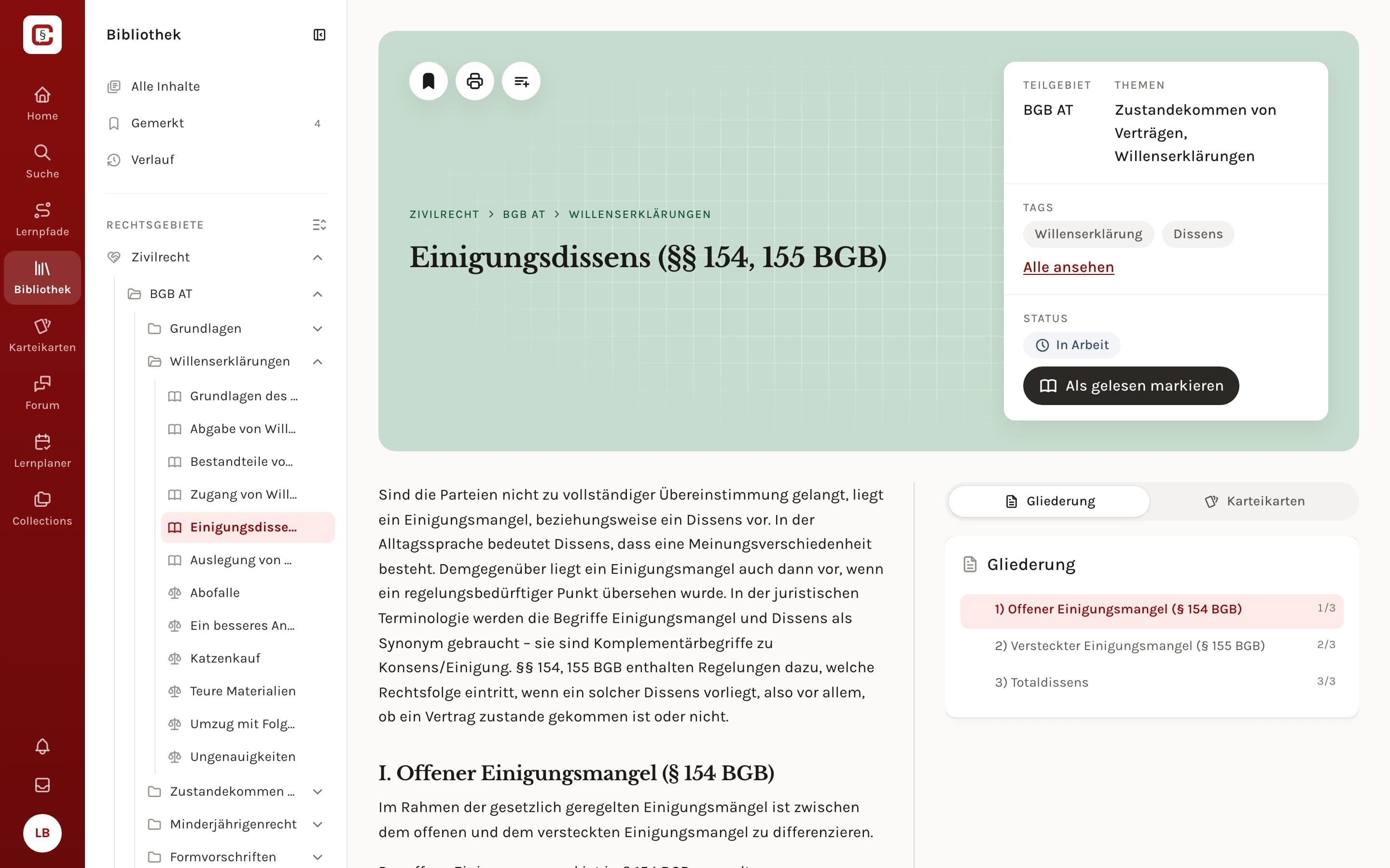 Der Lexikon-Artikel Einigungsdissens (§§ 154, 155 BGB) in der Bibliothek, rechts daneben seine Gliederung