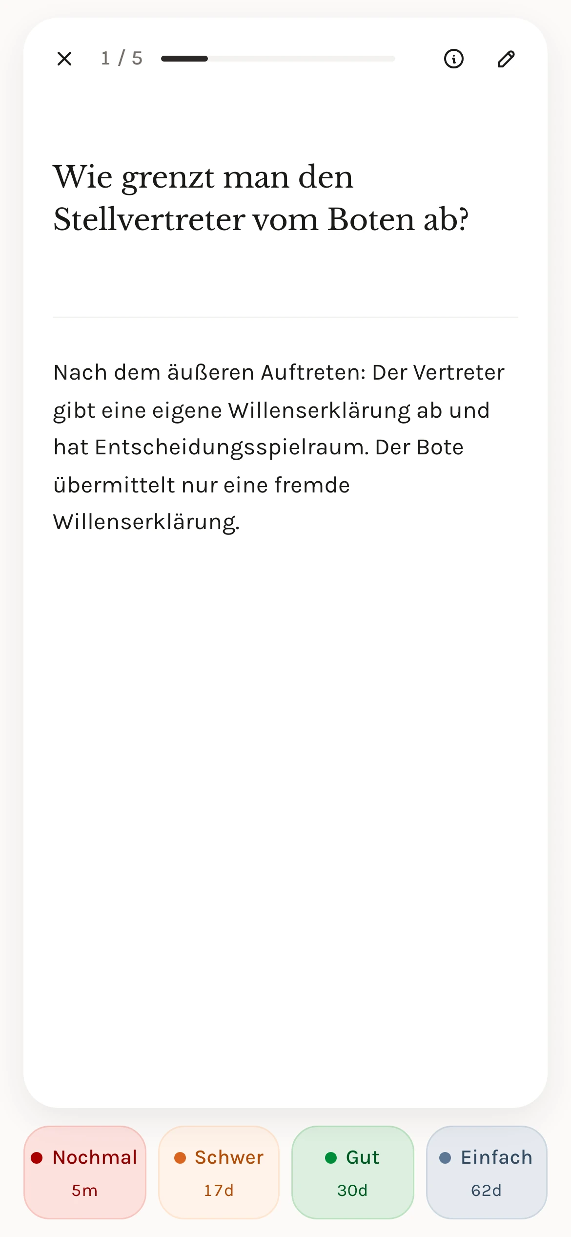 Eine Karteikarte mit Antwort und Bewertung auf dem Smartphone