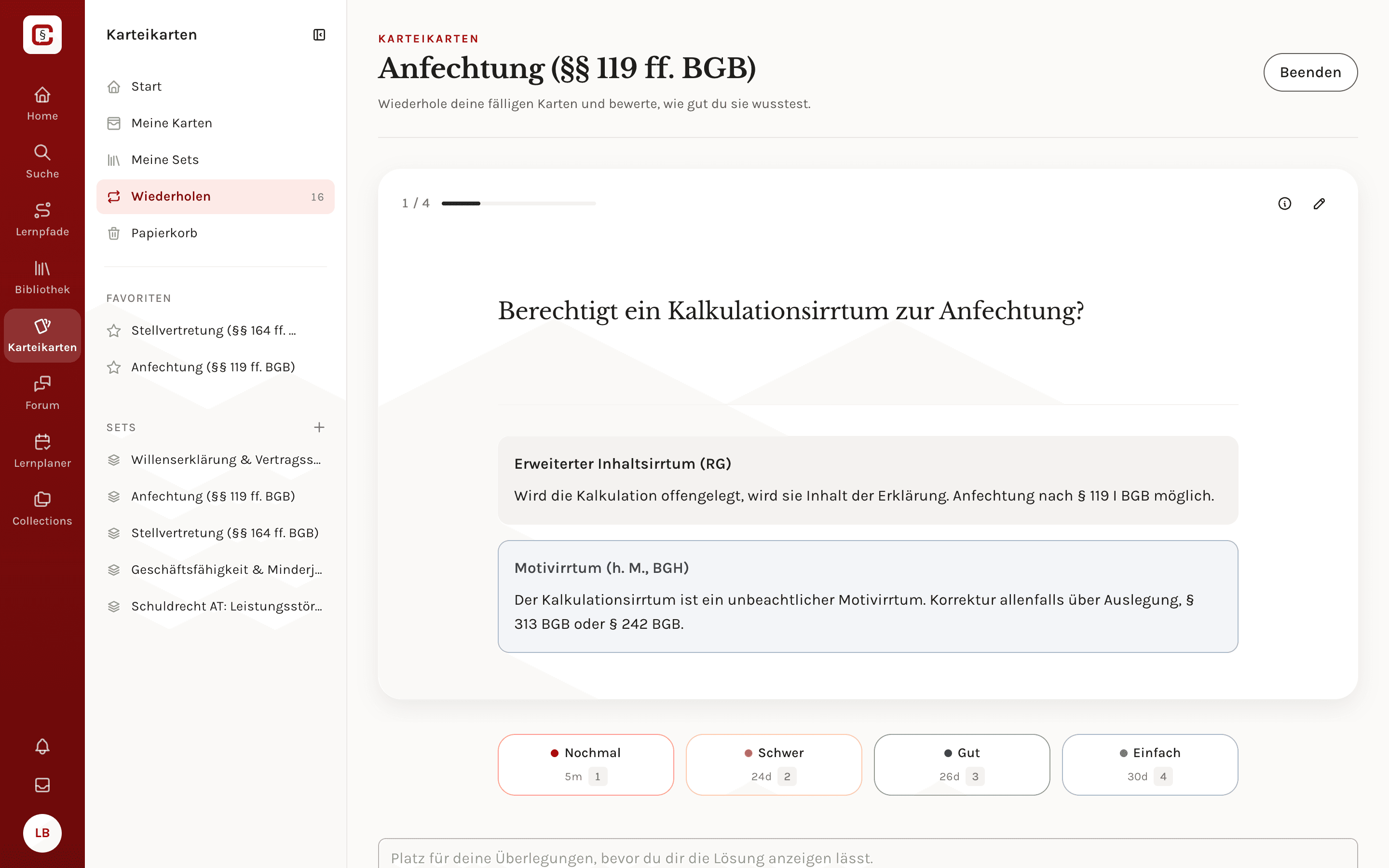 Karteikarten-Abfrage im Set Anfechtung: eine Streitstand-Karte zum Kalkulationsirrtum mit den Bewertungen Nochmal bis Einfach