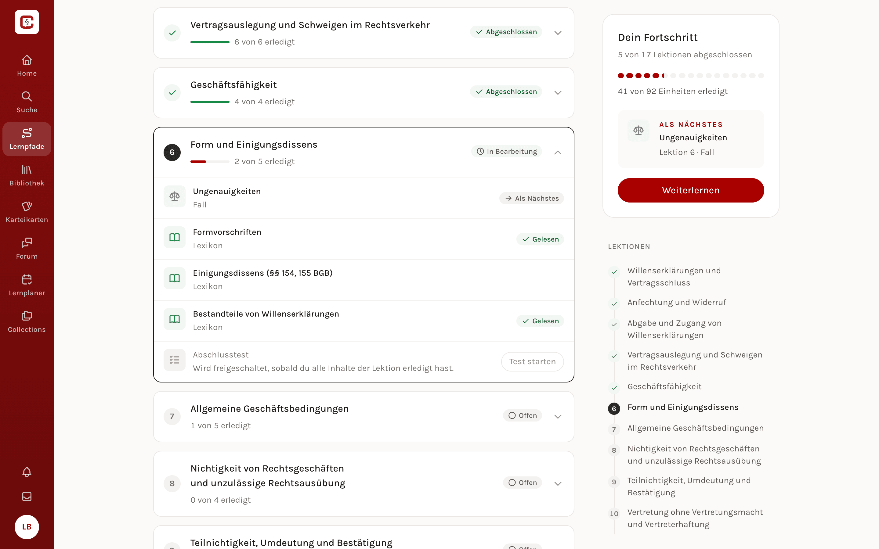 Der Lernpfad BGB AT mit abgeschlossenen Lektionen, der Lektion in Bearbeitung, dem nächsten Fall und dem Fortschritt