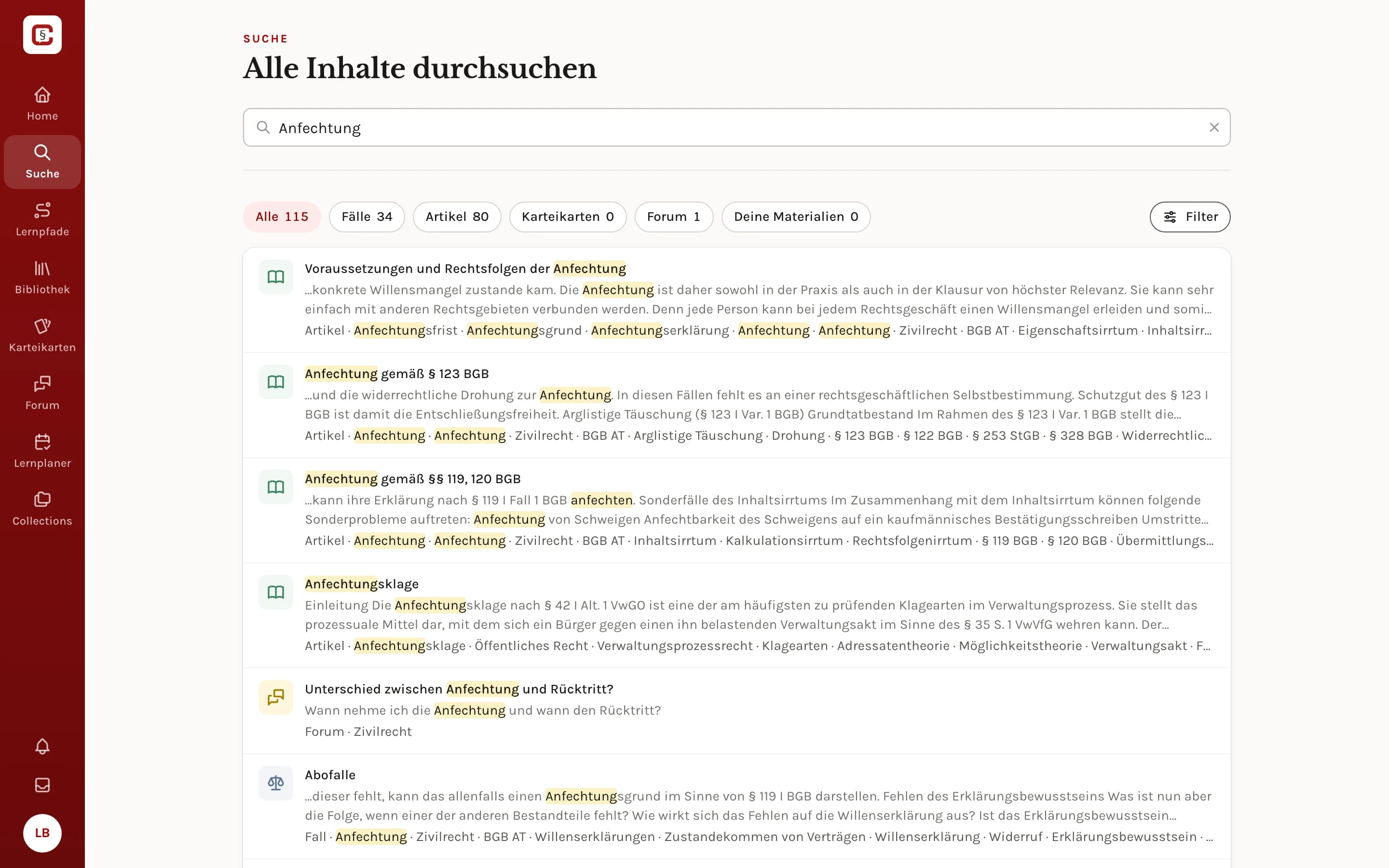 Die Suche der App nach „Anfechtung“ mit Treffern