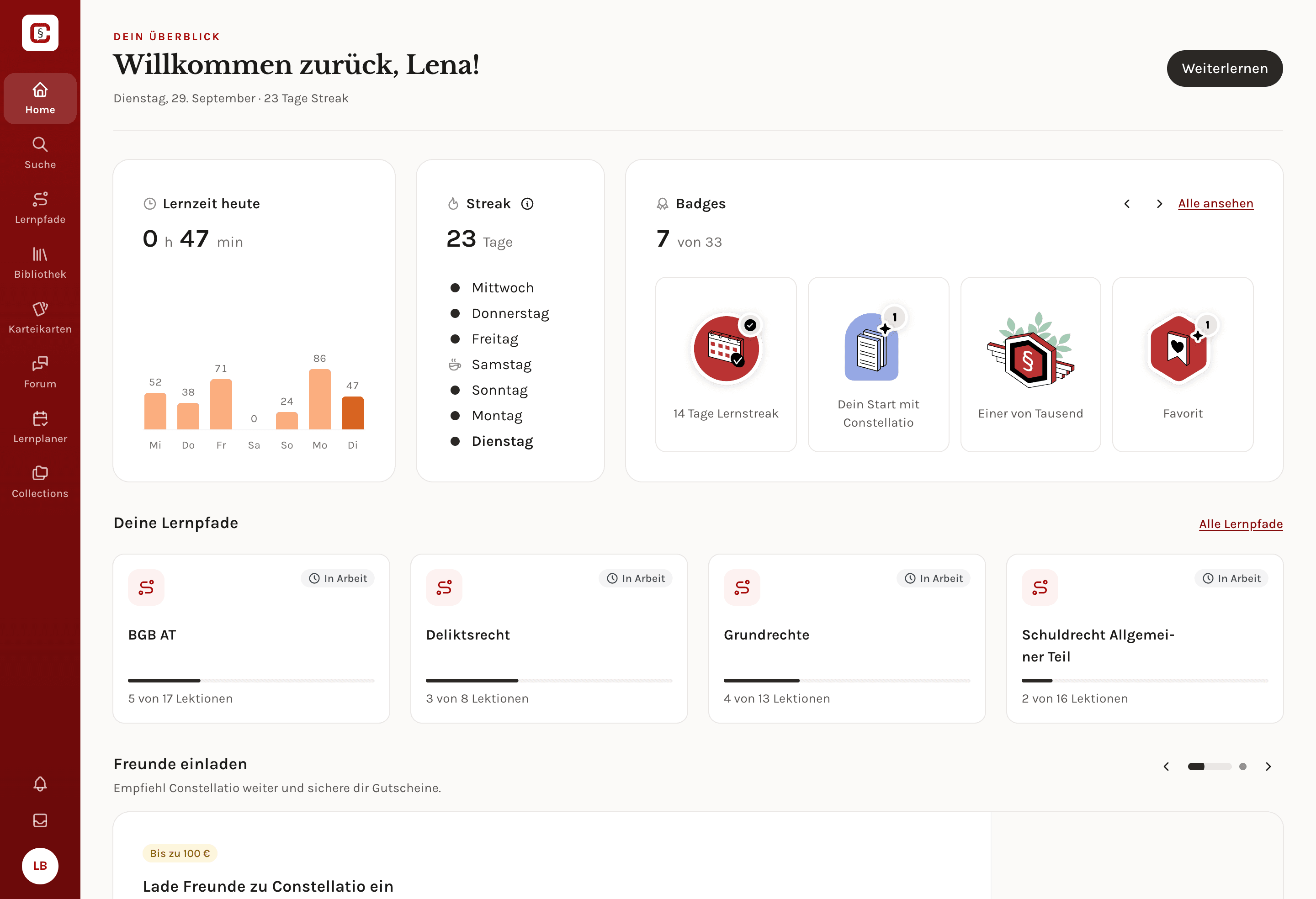 Sven zeigt die Plattform: das Dashboard von Constellatio mit Lernzeit, Streak und Badges