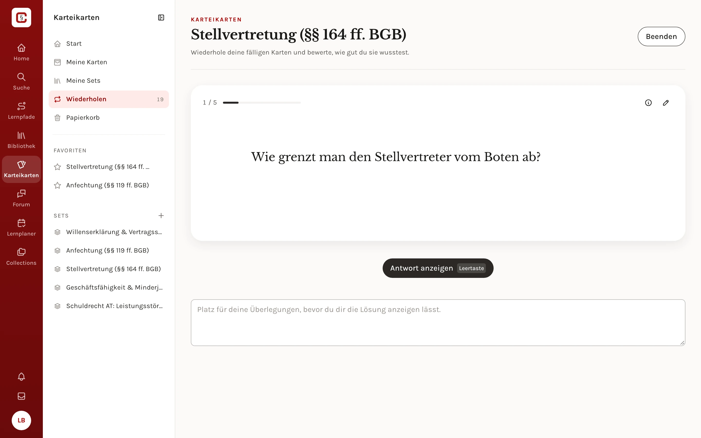 Eine Karteikarte beim Wiederholen: „Wie grenzt man den Stellvertreter vom Boten ab?“