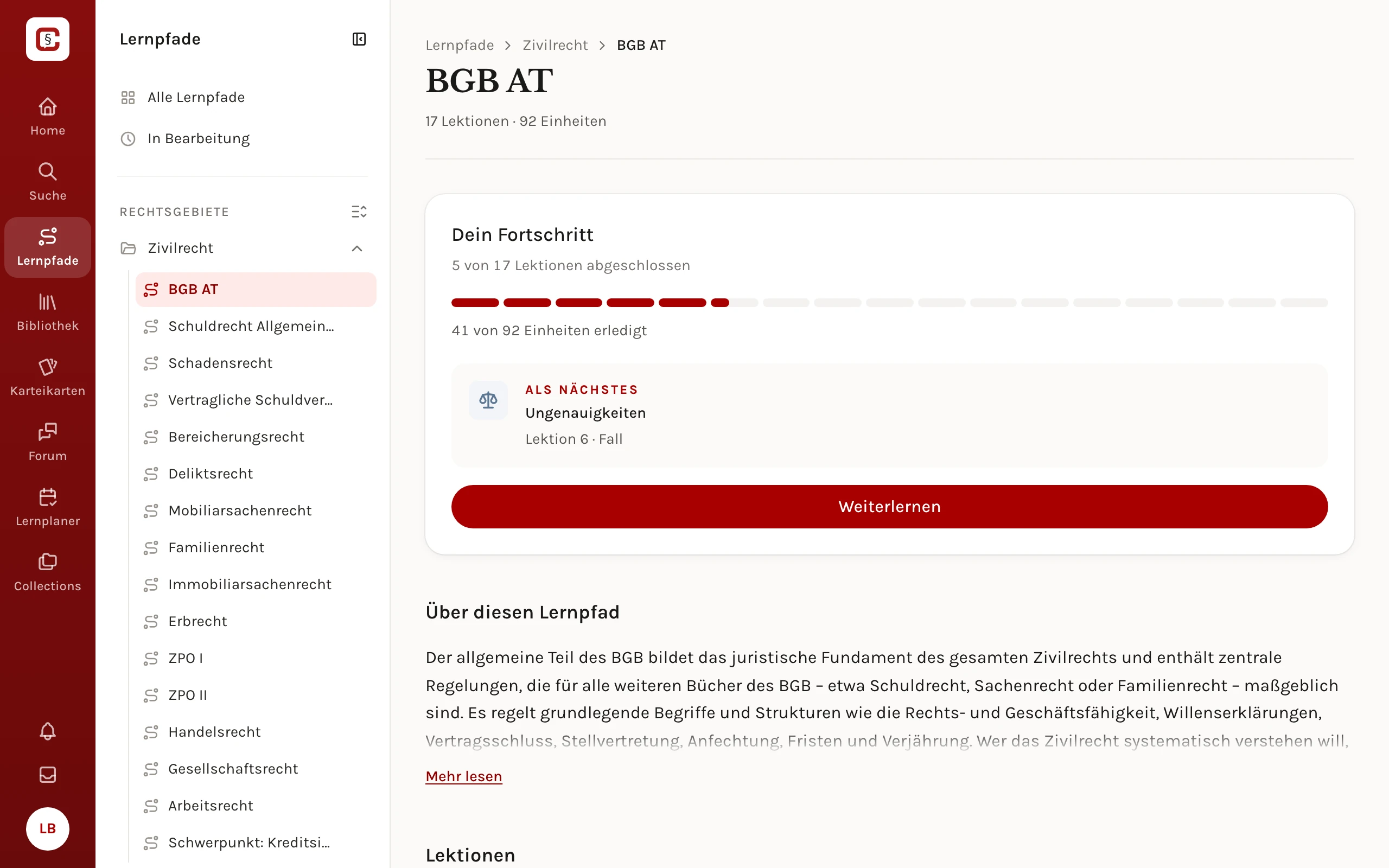 Der Lernpfad BGB AT auf dem Laptop: Fortschritt, nächste Einheit und Weiterlernen